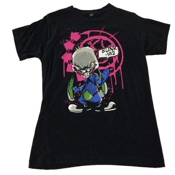 Blink 182 Bunney Smiley T Shirt S Black Pink Rabbit Band Music Tultex Womens - Picture 1 of 4